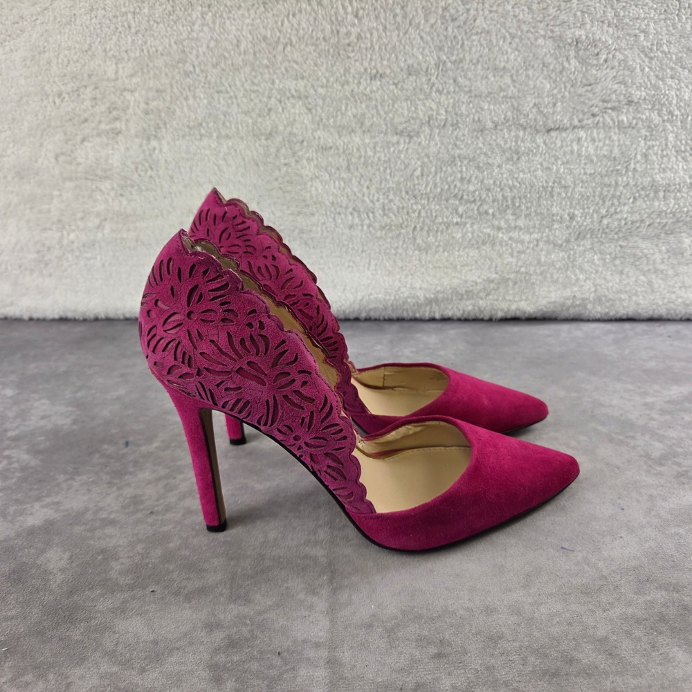 Jessica Simpson Magenta Pink Suede Laser Cut Scalloped Pointed Toe Heels 7M - Picture 4 of 9
